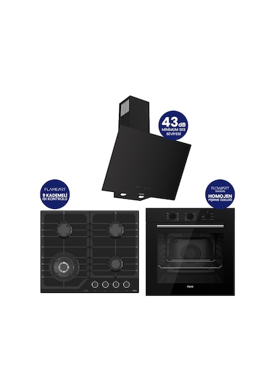 Flowart Turbolu Silenart QBL62CS - NT025WFA - D077SA Siyah Cam Ankastre Set