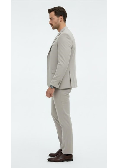 Erkek Slim Fit Mikro Dokulu Takım Elbise Çift Düğmeli Modern Kesim Gri