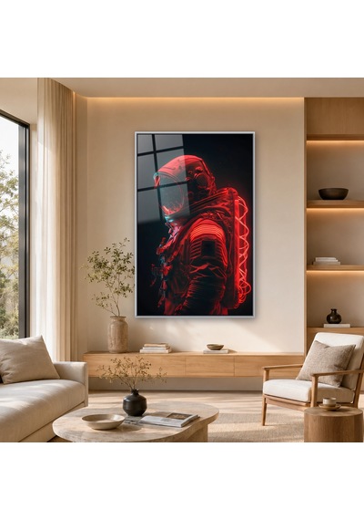 Kırmızı Neon Işıklı Astronot Gümüş Çerçeveli Cam Tablo