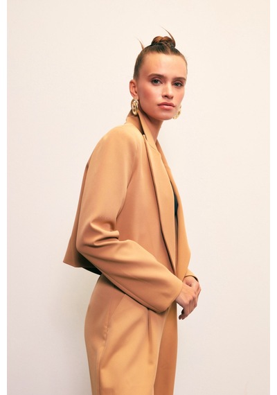 Sateen Şal Yaka Kısa Ceket - Camel