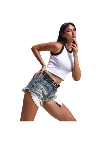 Kadın Kot Rengi Droplu Kemerli Özel Tasarım Denim Şort Çok Renkli