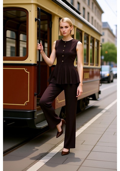 Benerly Selanik Örgü Düğme Detaylı Peplum Kesim Kolsuz Üst Geniş Paça Pal Kahverengi