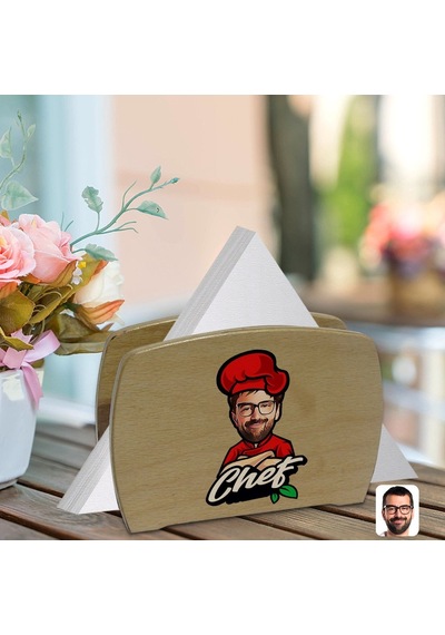 Kişiye Özel Erkek Chef Karikatürlü Lüks Ahşap Peçetelik-10 (511119642)