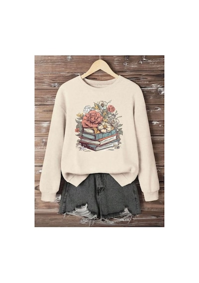 Herkesemoda Kitap Ve Çiçek Baskı Detaylı Bisiklet Yaka İçi Polarlı Sweatshirt Bej