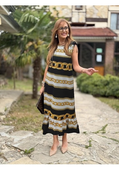 Etiler Collection Kadın Omuzlardan Büzgülü Kayık Yaka Fırfırlı Janjan Krep Elbise Desenli Etiler Collection Kadın Omuzlardan Büzgülü Kayık Yaka Fırfırlı Janjan Krep Elbise Desenli