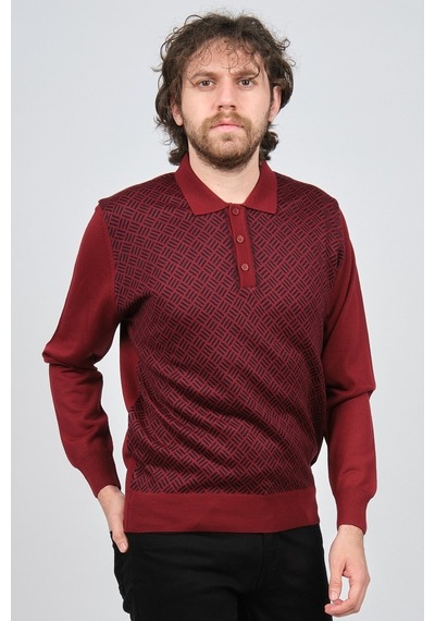 Pave Erkek Polo Yaka Desenli Yün Kazak 4537134 Bordo Bordo