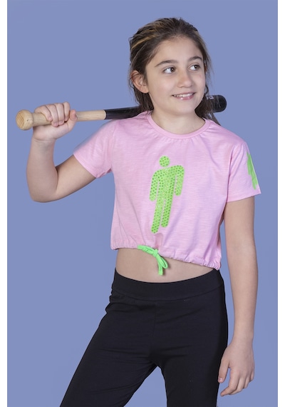 Toontoy Kids Toontoy Kız Çocuk Crop Model Baskılı Taş İşlemeli Tişört Pembe
