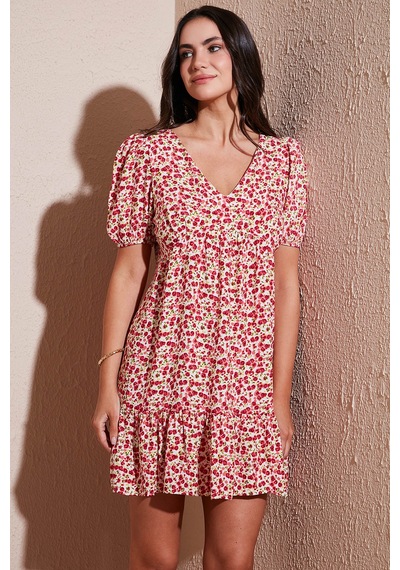 Lela Regular Fit V Yaka Balon Kol Desenli Mini Bayan Elbise 67810045 Pembe