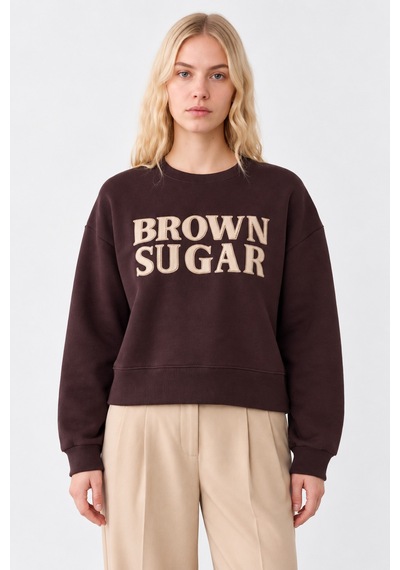 Quzu Brown Sugar Nakış Detaylı İçi Yumuşak Kadın Sweatshirt Kahverengi Kahverengi