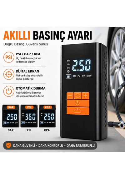 Kablosuz Hava Pompası 6000 Mah Şarjlı Dijital Ekranlı Lastik Şişirme Kompresörü Araç Bisiklet Motor Top Siyah