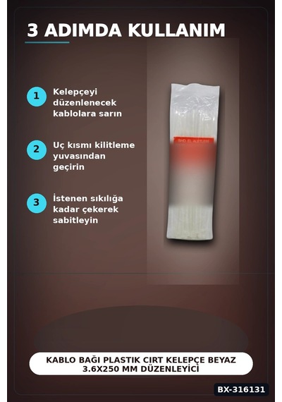 Kablo Bağı Plastik Cırt Kelepçe Beyaz 3.6x250 Mm Düzenleyici Paket 100 Adet Bx-316131