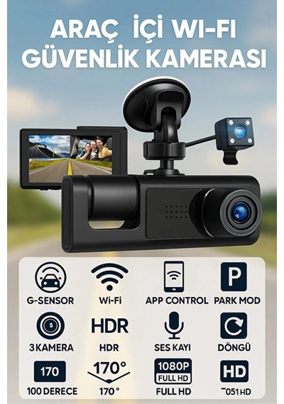 Full Hd 3 Kameralı Araç Kamerası Ön İç Arka Kayıt Ve Gece Görüşlü G Sensörlü Geniş Açılı