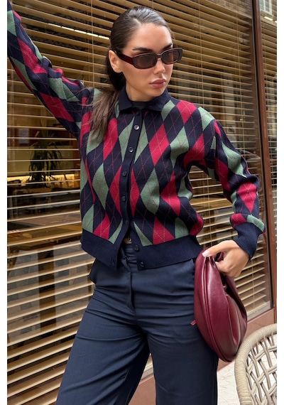 Madmext Lacivert Baklava Desenli Polo Yaka Kadın Hırka Mg2478 Lacivert