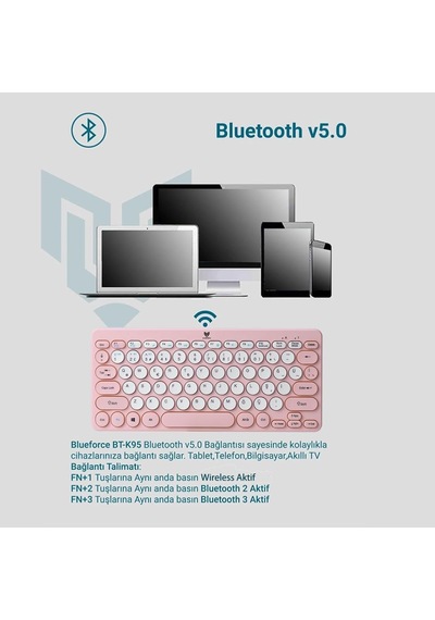 Blueforce Bt-k95 2,4ghz Wireless + Bluetooth Kablosuz Sessiz Klavye Pembe Çift Modlu Telefon Tablet Mac Uyumlu Sku: Smgstk4877fc9dab
