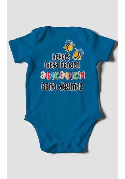 Herkes Bıksa Benden Anneannem Bana Doymaz Baskılı Bebek Zıbını %100 Pamuk Kısa Kol Koyu Mavi
