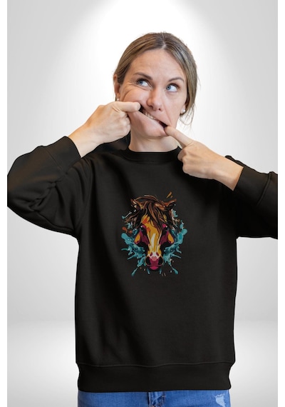 At Kafası Renkli Unisex Siyah Baskılı Sweatshirt Siyah