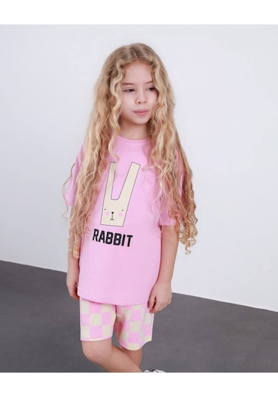 Miniko Kids Kız Çocuk Rabit Tavşan Modelli Pamul Şortlu Takım Pembe