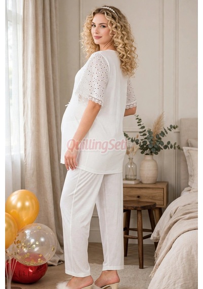 Lady Dantel Detaylı 33207 Kısa Kol 2 Parça Lohusa Hamile Pijama Takımı Ekru Renkli