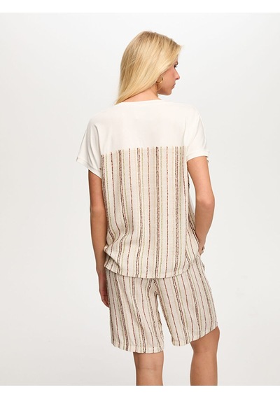 Faik Sönmez Resort Arkası Çizgili Dokuma Garnili V Yaka Tshirt S26tsh115 Us26tsh11573 Ekru