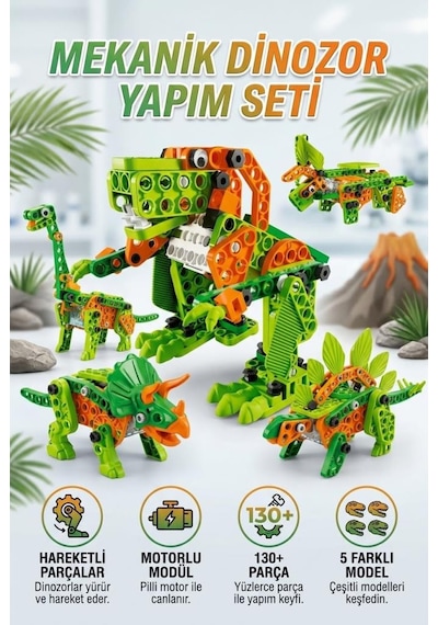 Lisanslı Clemento-ni Dinozor Yapım Seti 130+ Parça Pilli Motorlu Hareketli 5 Model Dönüşümlü Oyuncak