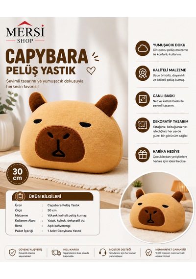 Capybara Peluş Yastık 30 Cm Sevimli Dekoratif Oyuncak Yastık Açık Kahverengi - Bej