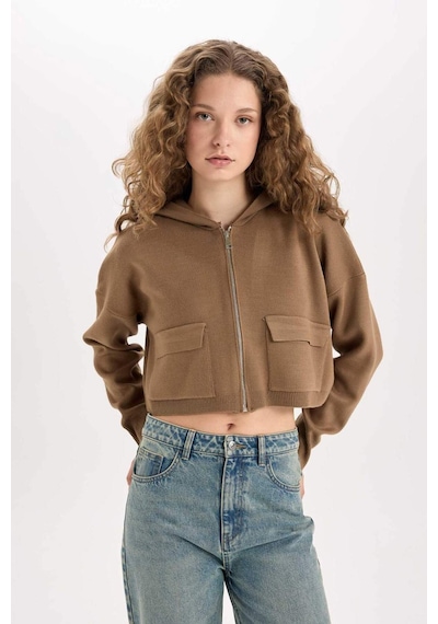DeFacto Regular Fit Kapüşonlu Basic Düz Fermuarlı Triko Hırka E2270AXNSBN551 Kahve
