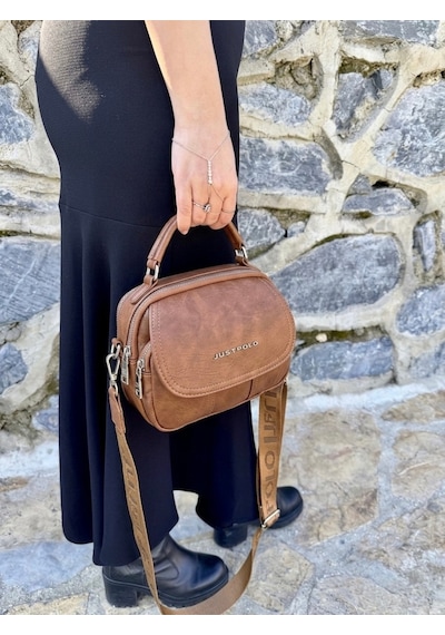 Just Polo Kadın Yeni Sezon Yumuşak Deri Şal Detaylı Ayarlanabilir Askılı Şık El Ve Omuz Çantası Shopper Taba