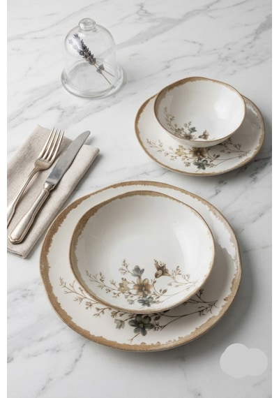 6 Kişilik 24 Parça Kayla Lace Desenli Porselen Yemek Takımı İpek Krem