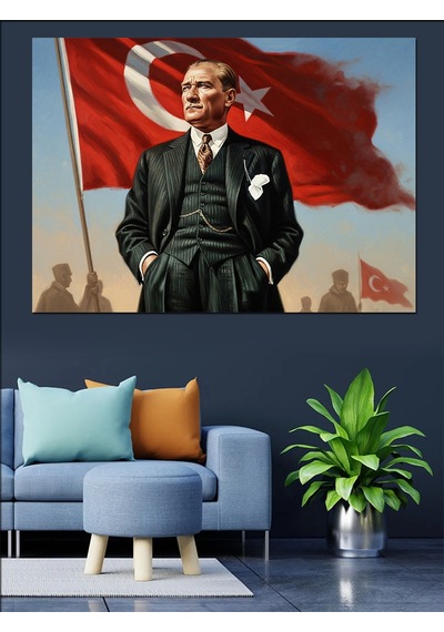 Türk Bayraklı Atatürk Dekoratif Kanvas - Mdf Ahşap Tablo