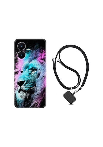 Vivo Y22S Kılıf İpli Boyun Askılı Desenli Silikon Pink Blue Leon 1603