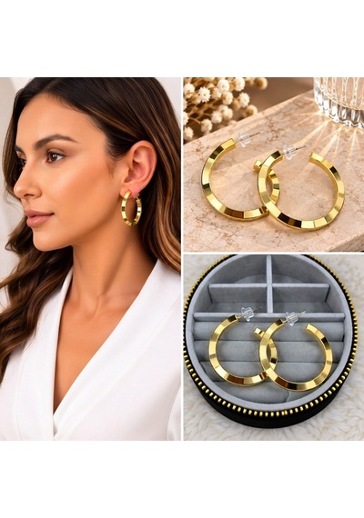 Premium Parlak Ve Şık Gold Renk Orta Boy Köşeli Halka Kadın Çelik Küpe Altın
