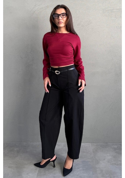 Madmext Siyah Modern Kesim Kemerli Yüksek Bel Bol Paça Kumaş Pantolon Mg2618 siyah