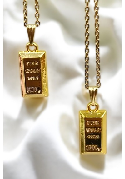 Altın Renk Külçe Kolye Fine Gold 999.9 Tasarım Kolye Kadın Minimal Takı Sarı - Beyaz