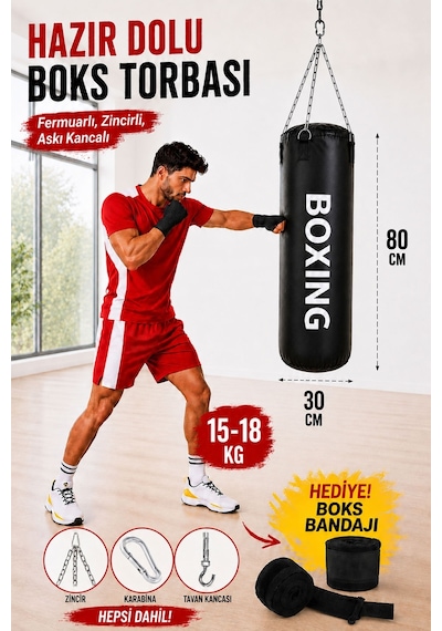 Boxing 80 Cm Yetişkin Model Hazır Dolu Boks Torbası Ve Zinciri - Hediye Boks Bandajı Siyah