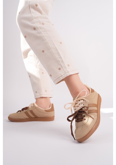 Muggo Taupe Çift Bağcıklı Günlük Kadın Sneaker Spor Ayakkabı Bej