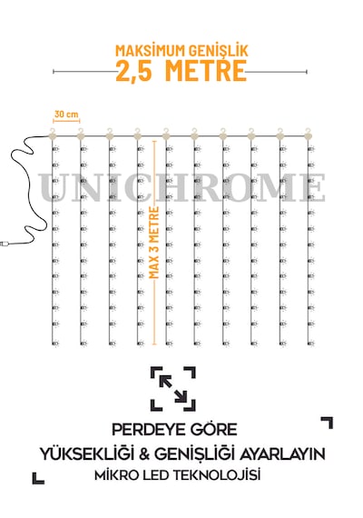 Kumandalı 8 Ayrı Moda Sahip 3x3m 300x300cm Perde Led 10 Saçaklı Sarkıtlı 300 Led Gün Işığı Kalp Askı Sarı