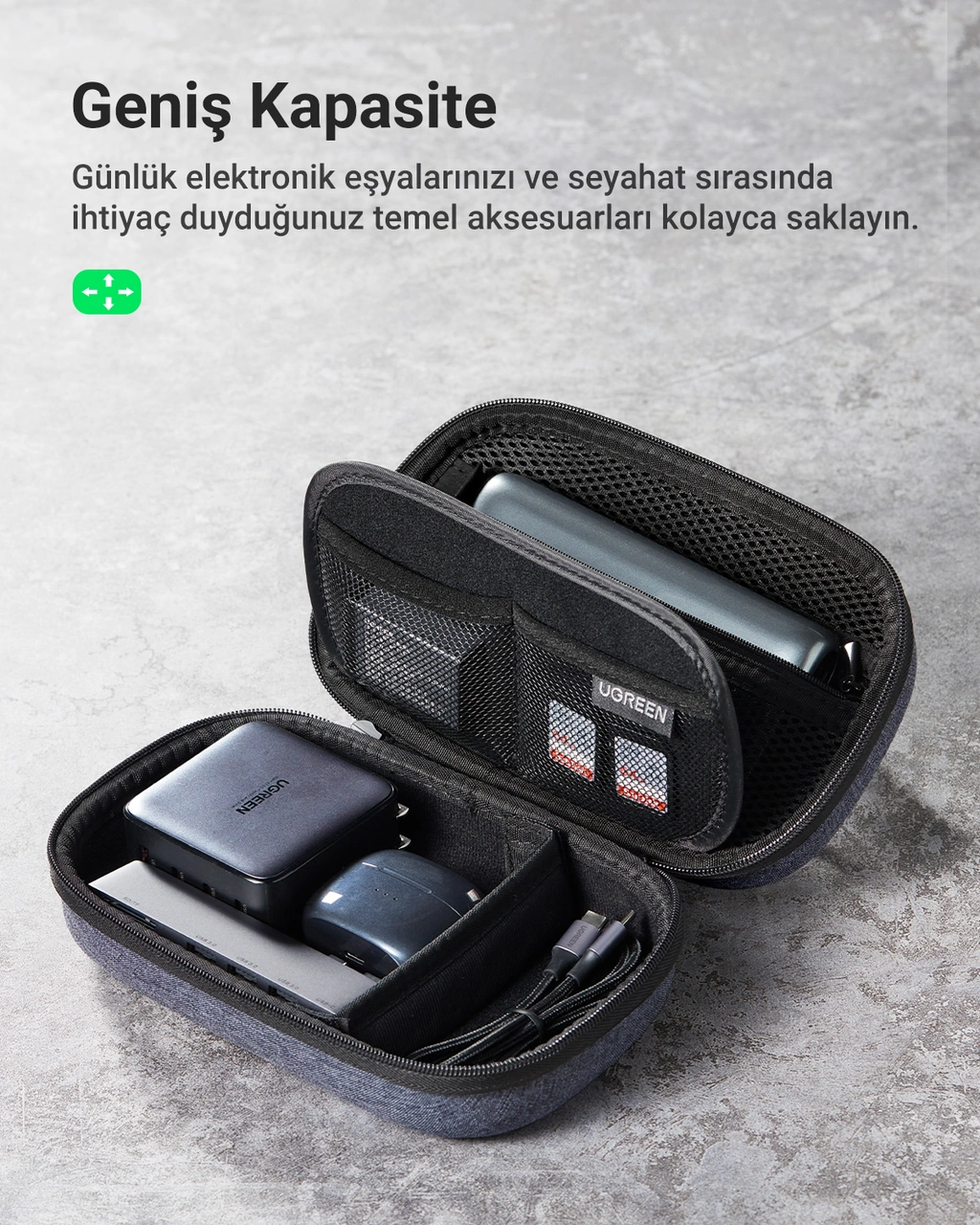 Ugreen Çok Bölmeli Elektronik Aksesuarlar Düzenleyici Su Geçirmez Dayanıklı Seyahat Çantası, 50903 Gri