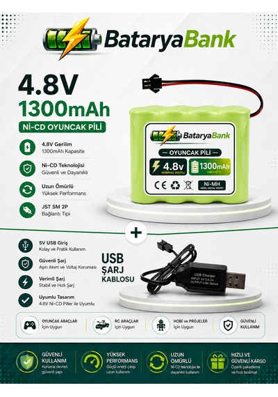 4.8v 1300mah Oyuncak Araba Pili Siyah Soket + Usb Şarj Cihazı Rc Araç Batarya Seti
