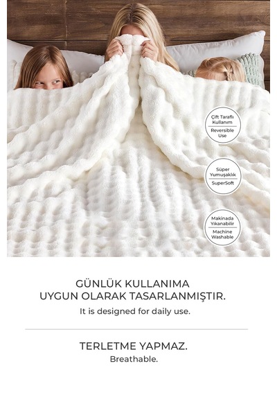Kürk Bubble Battaniye Seti Çift Kişilik Peluş Tavşan Tüyü 3 Parça Yumuşak 220x240 Cm Krem Kırık Beyaz