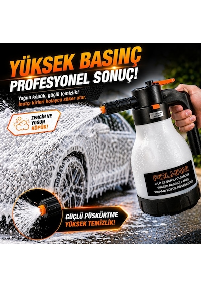 Polham Yeni Nesil 2l Şarjlı Otomatik Basınçlı Araç Yıkama Köpük Püskürtücü, Araç, Jant, Bahçe Yıkama Pompası Beyaz