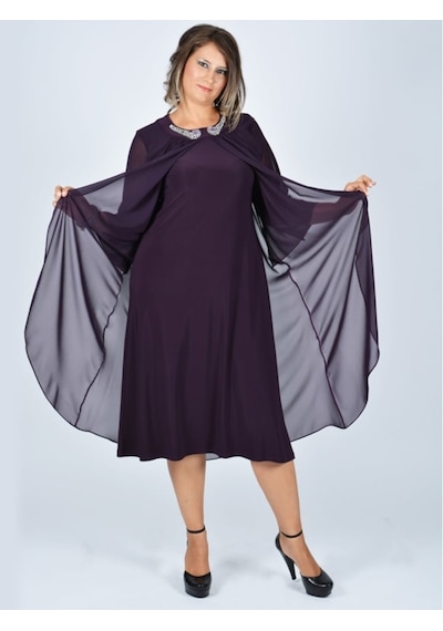 Nidya Moda Büyük Beden Üstü Şifon Elbise-4037M Mürdüm