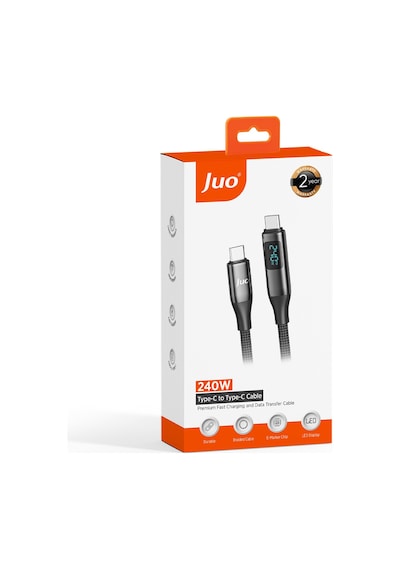 Juo 240W Dijital Led Ekranlı E-mark Çipli Pd 3.1 Usb Type-c To Type-c Hızlı Şarj ve Data Kablosu 1 Metre