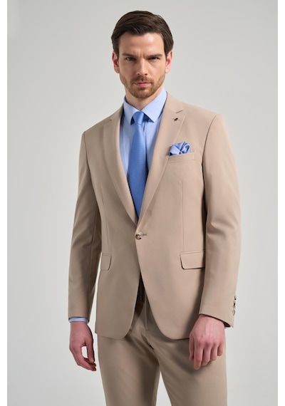 İmza Düz Gabardin Mono Yaka Tam Astar Beli Lastikli Esnek 6 Drop Slim Fit Takım Elbise 1001250155 Koyu Bej