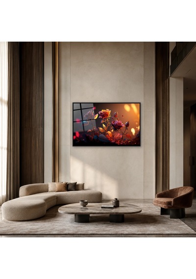 Bokeh Işığında Kırmızı Güller Siyah Çerçeveli Cam Tablo