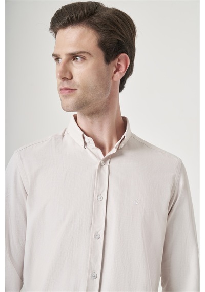 İmza Bej Düğmeli Yaka Oxford Slim Fit Pamuklu Gömlek 1004265284 Koyu Bej