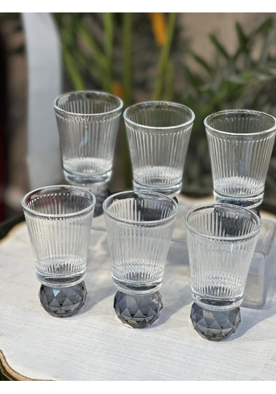 6 Lı Kristal Top Ayaklı Çizgili Kahve Yanı Su & Meşrubat & Sunum Bardağı Füme