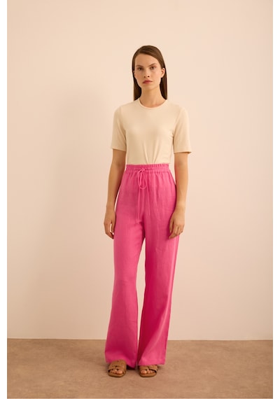 Aker Beli Lastikli Keten Pantolon Pembe Pembe