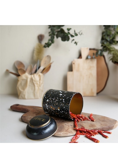 Terrazzo Black Desenli Yuvarlak Metal Kutu, 9 X 11 Cm, 0.6 Lt