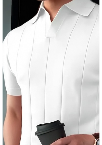 Erkek Çizgili Kısa Kollu Triko T-shirt Ekru