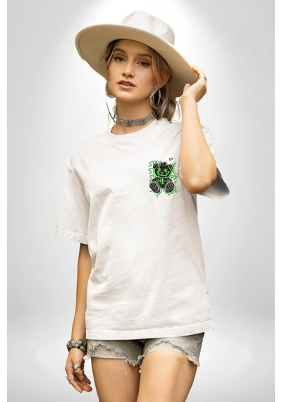Artık Katlan Beyaz Oversize Unisex Ön Ve Sırt Baskılı Tişört Beyaz